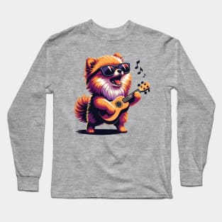 Dog Playing Guitar Singing Pomeranian Pom Funny Long Sleeve T-Shirt